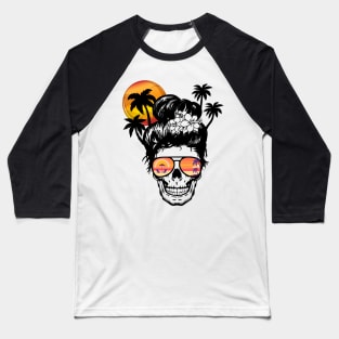 Sun Salt Sand Beach Coconut Tree Messy Bun Skull Vacation Baseball T-Shirt